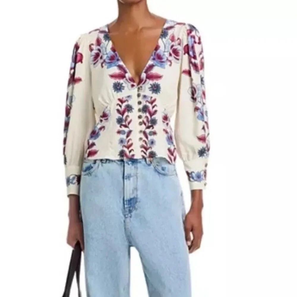 New Farm Rio Floral V-Neck Button Front Puff Sleeve Malu Blouse Top Size Small